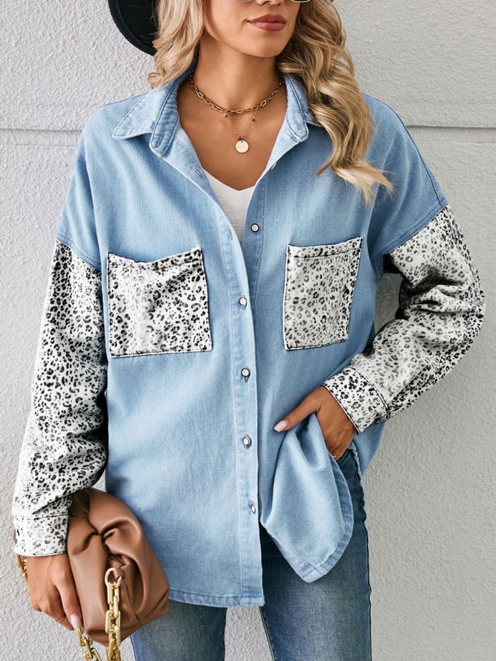 Light Blue Leopard patchwork button-up denim shirt