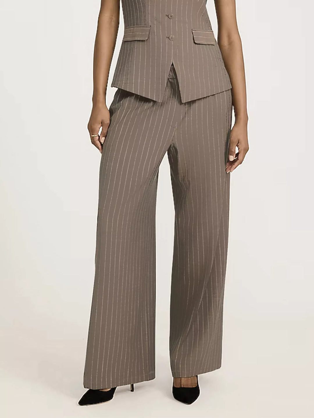 Pleated pinstripe high-rise wide-leg trousers