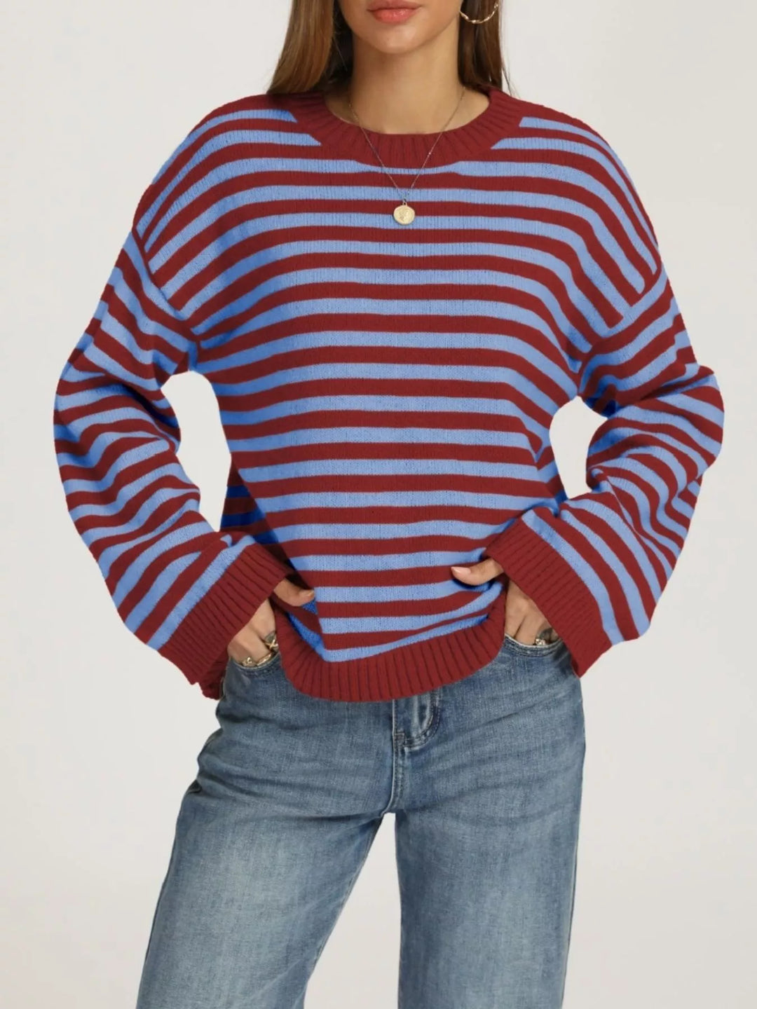 Red And Blue Striped drop shoulder crew neck sweater with ribbed trim