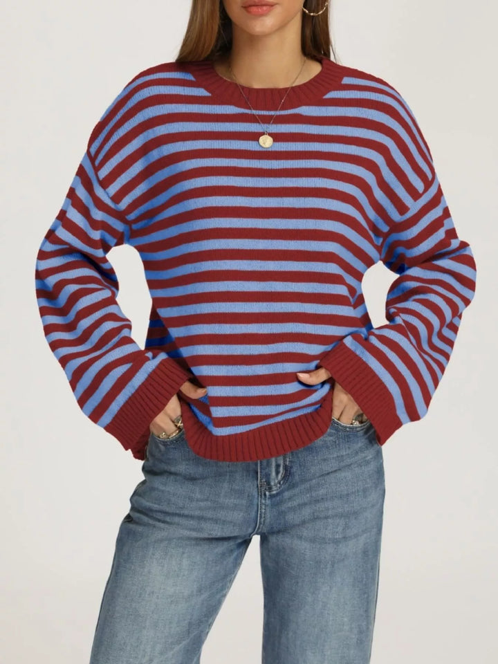 Red And Blue Striped drop shoulder crew neck sweater with ribbed trim