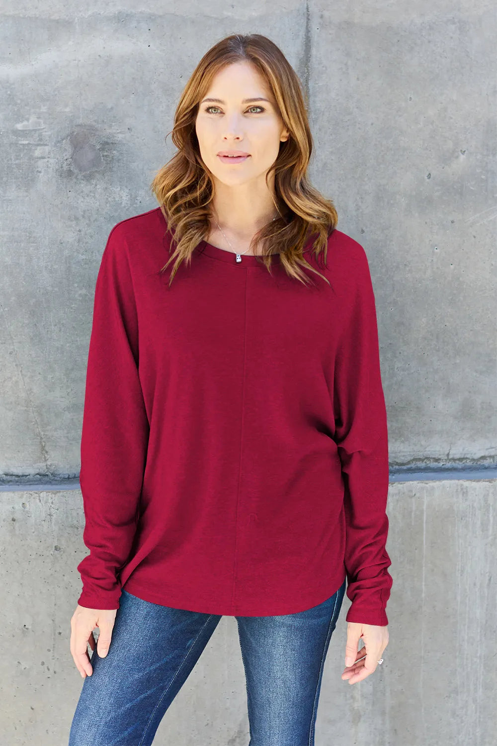 Relaxed drop-shoulder round neck long sleeve top