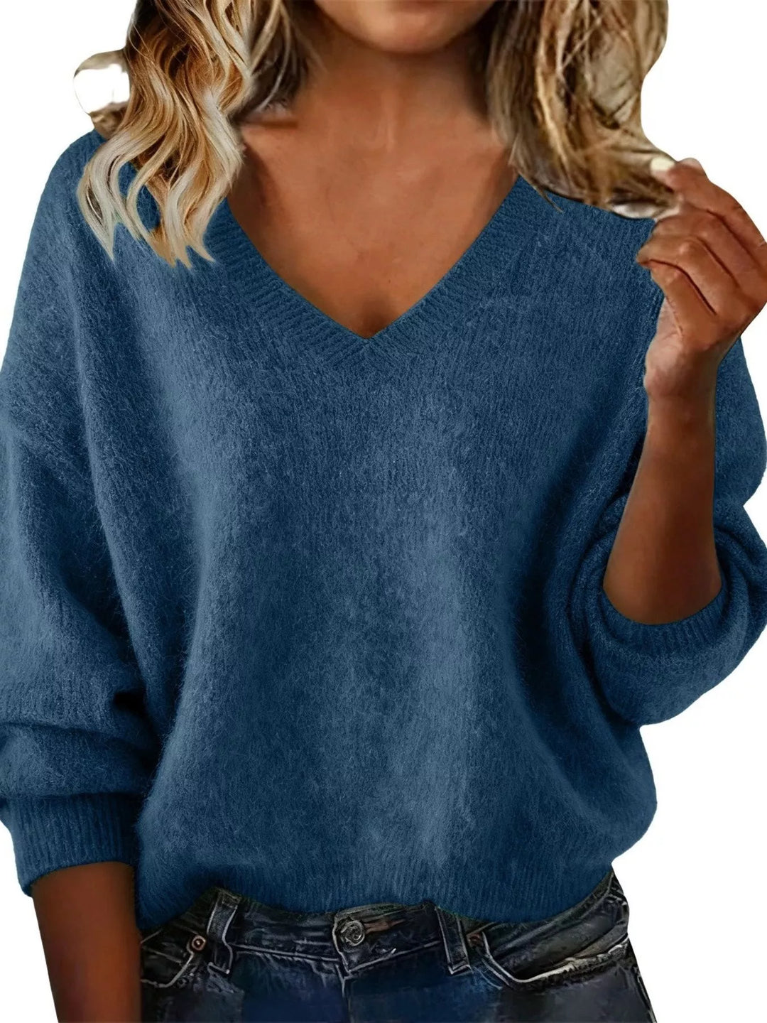 Navy Dropped-shoulder V-neck brushed knit sweater