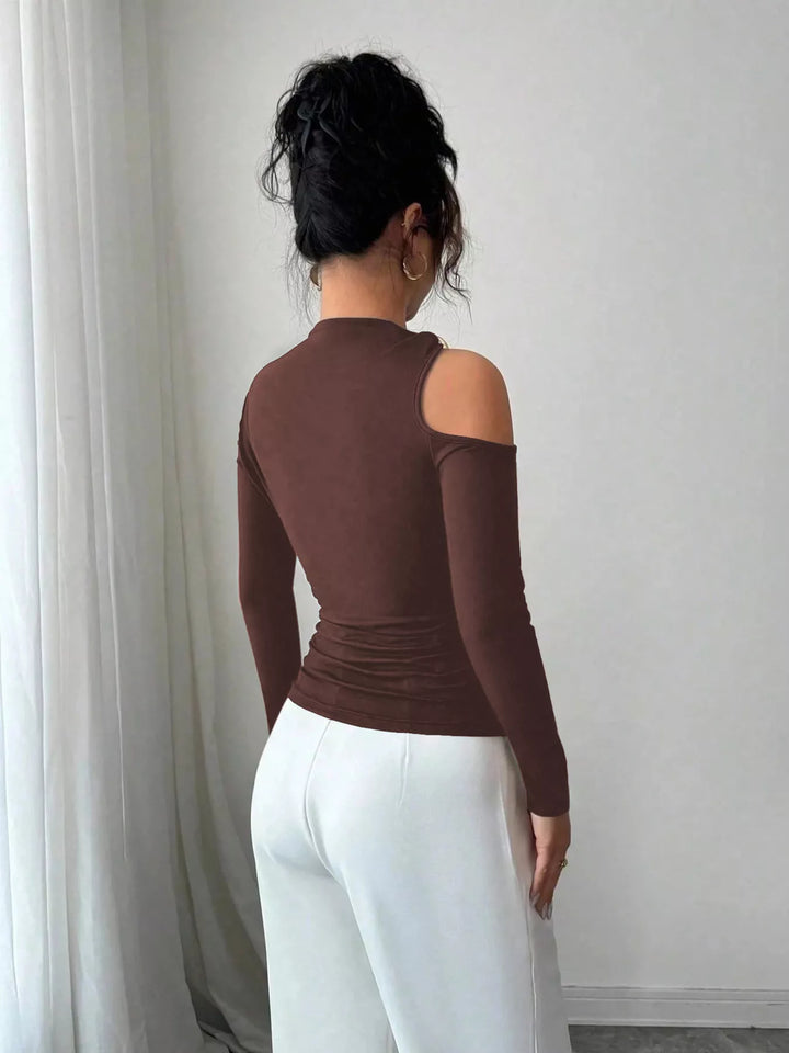 Cutout one-shoulder long sleeve top with ring detail