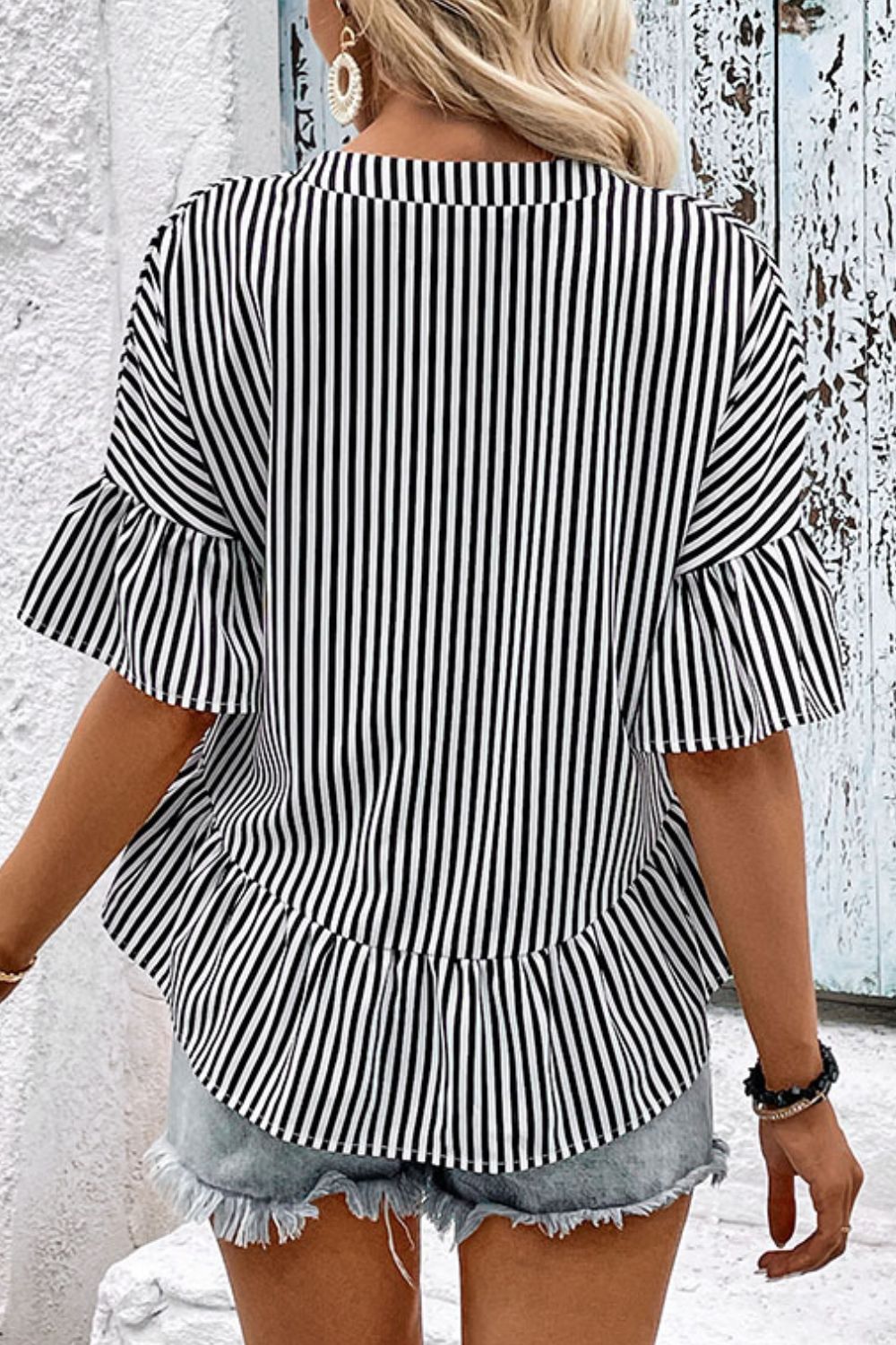 Striped flounce sleeve peplum blouse with notched neckline