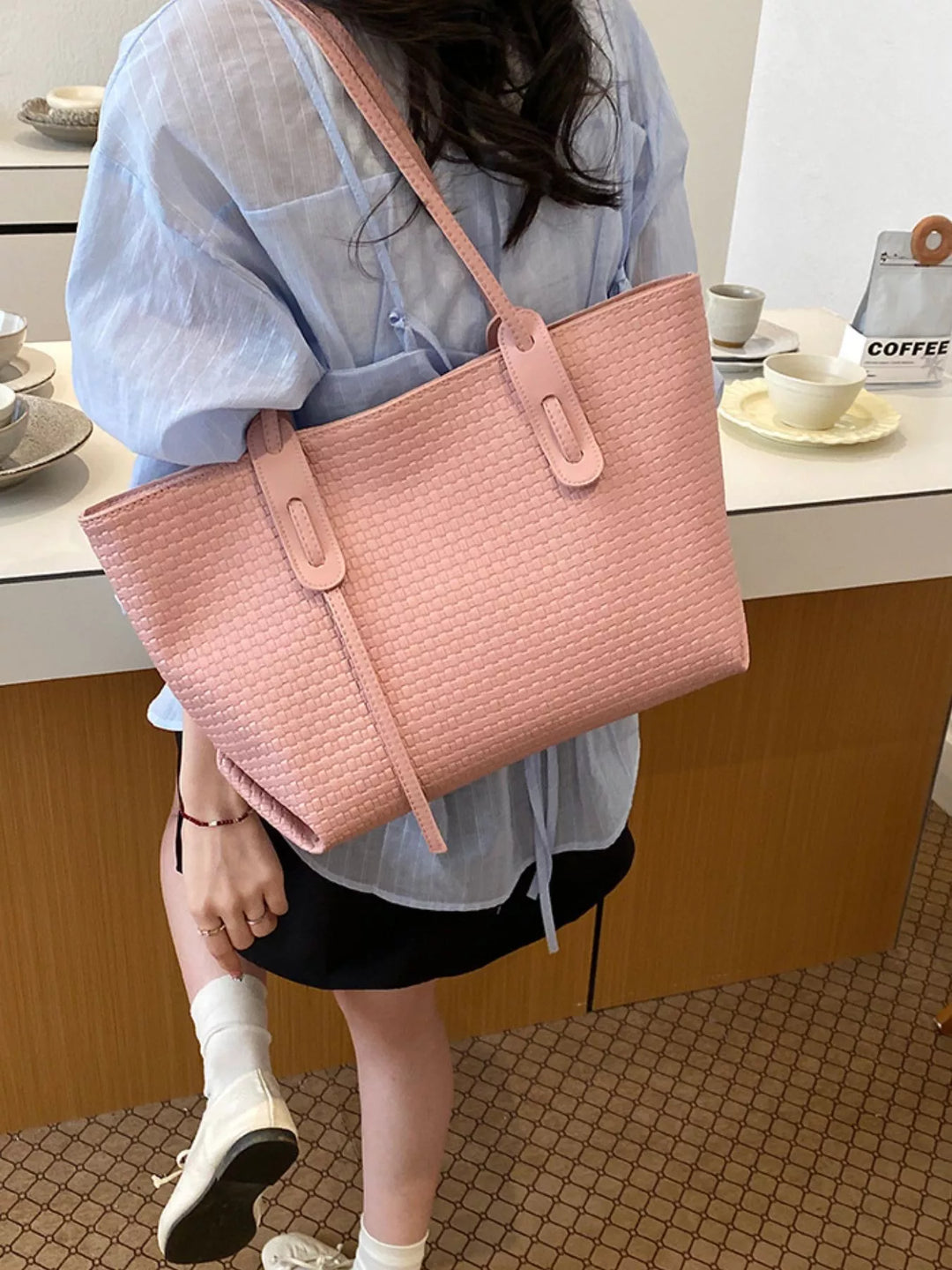 Woven texture faux leather large shoulder tote bag