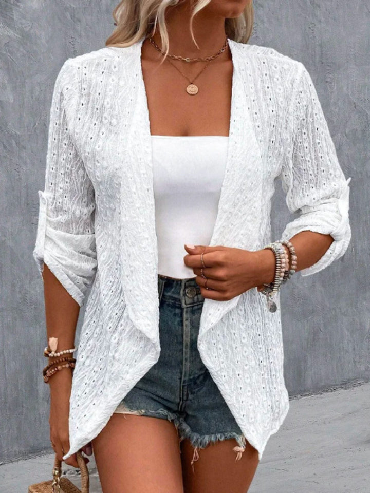 Eyelet embroidered open-front draped cardigan