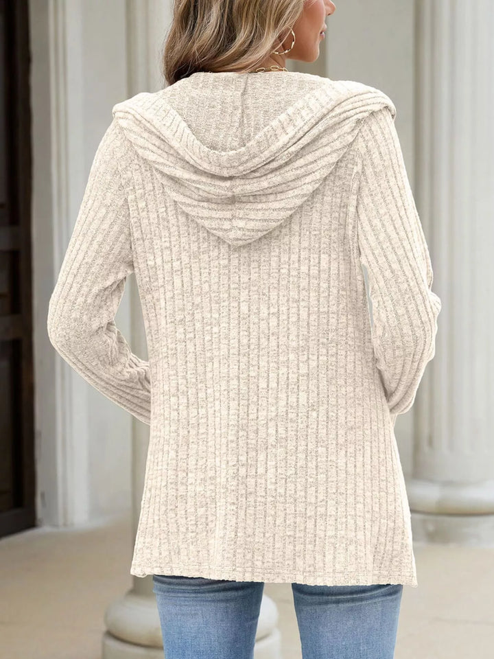 Ribbed knit hooded cardigan with tortoise buttons