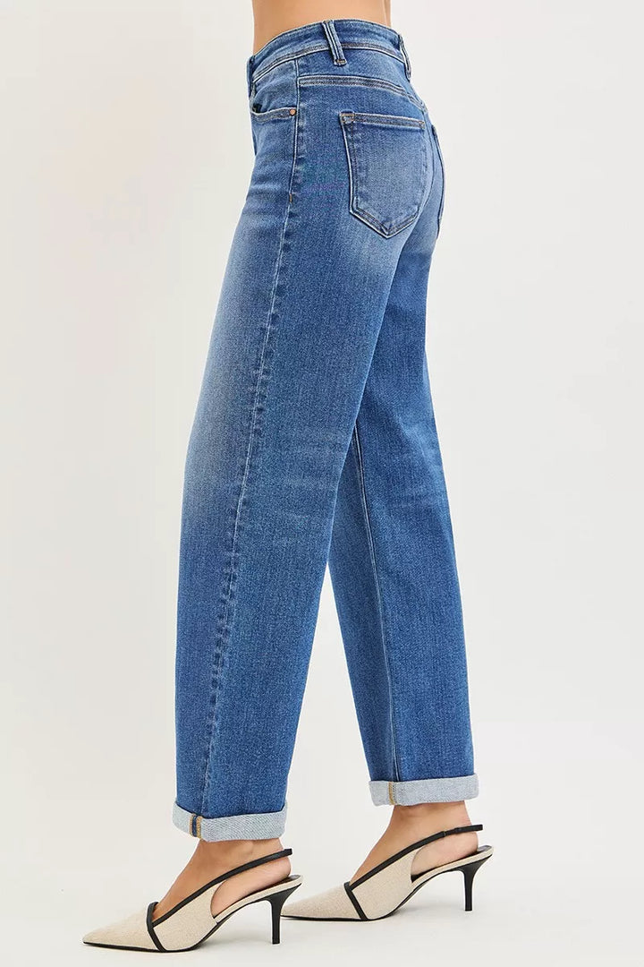 High rise relaxed straight leg jeans with cuffed ankle hem