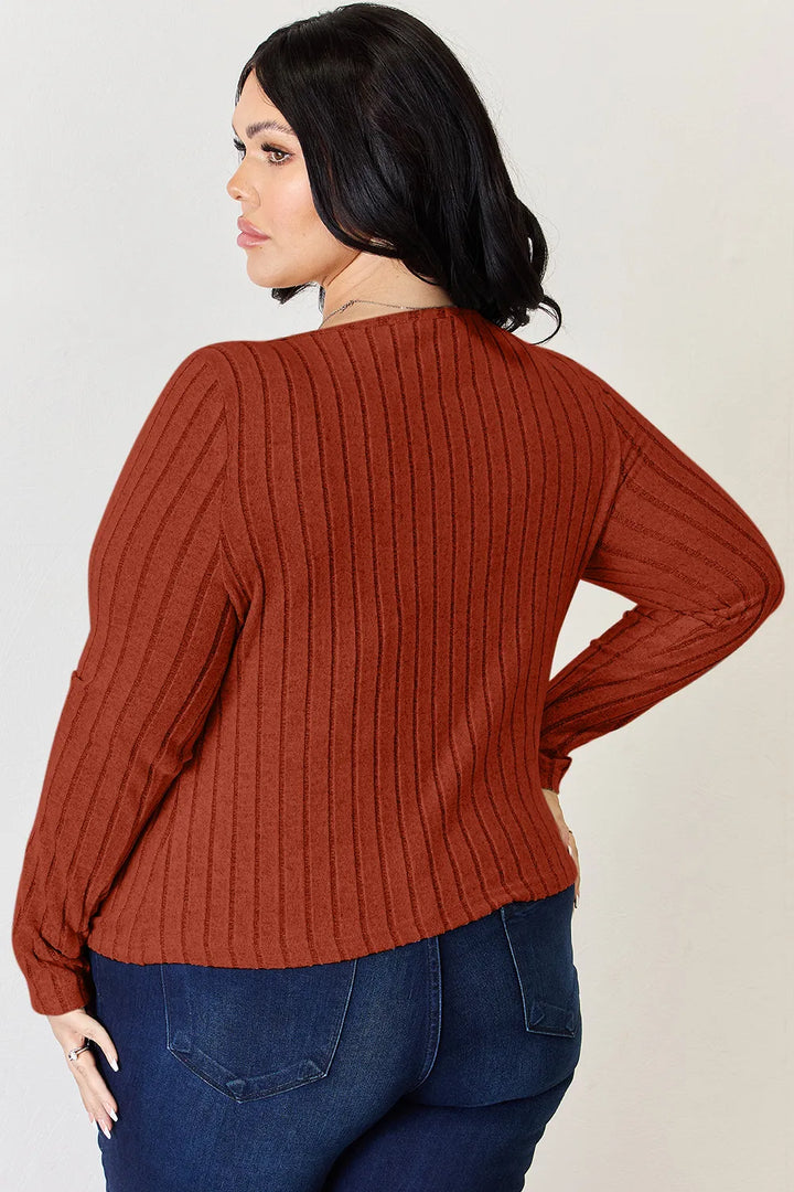 Ribbed scoop neck long sleeve fitted top