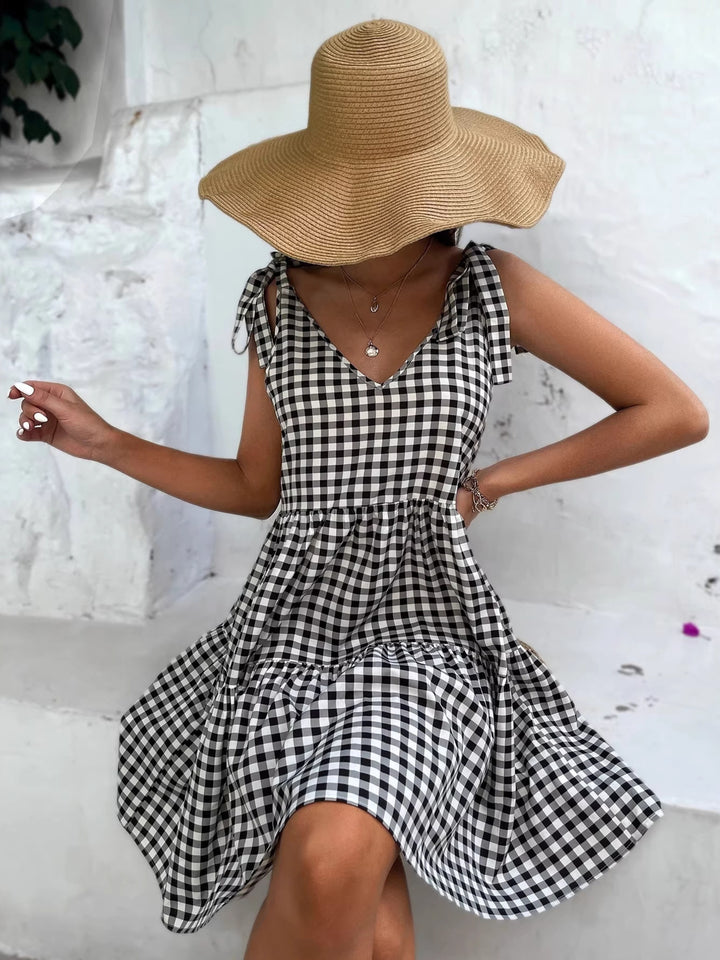 Gingham tie-shoulder tiered babydoll mini dress