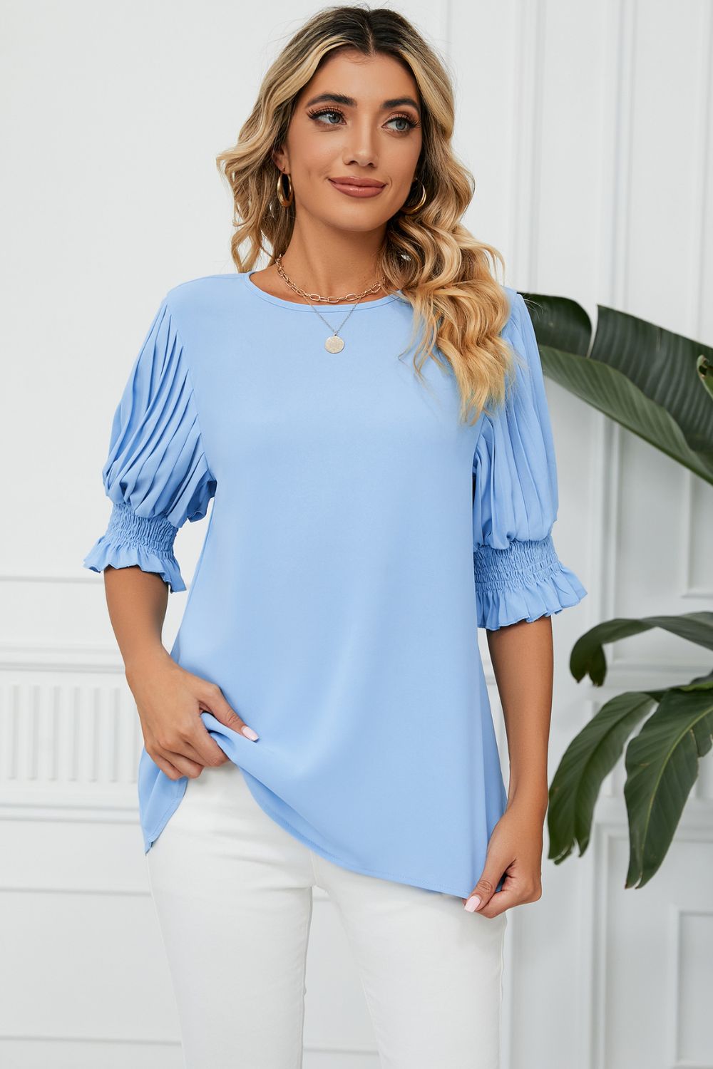 Light Blue Pleated puff sleeve keyhole blouse with smocked cuffs