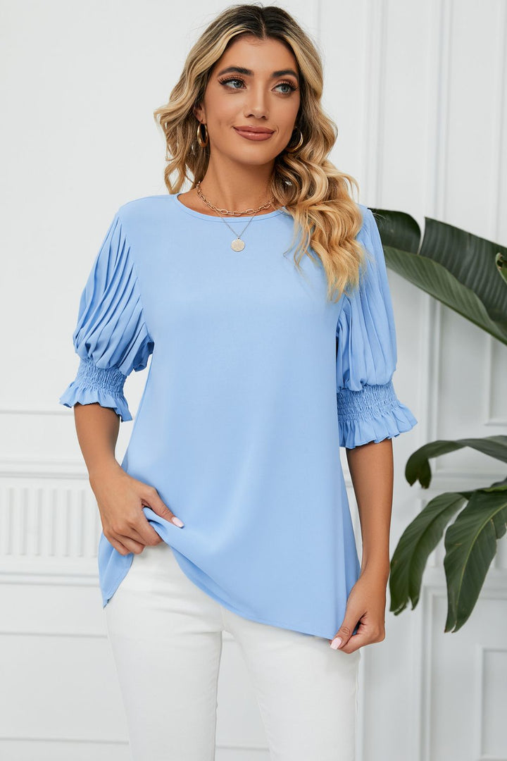 Light Blue Pleated puff sleeve keyhole blouse with smocked cuffs
