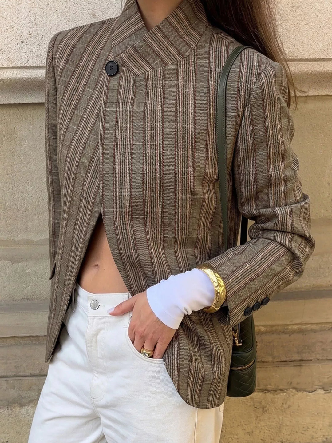 Plaid asymmetric single-button blazer with stand collar