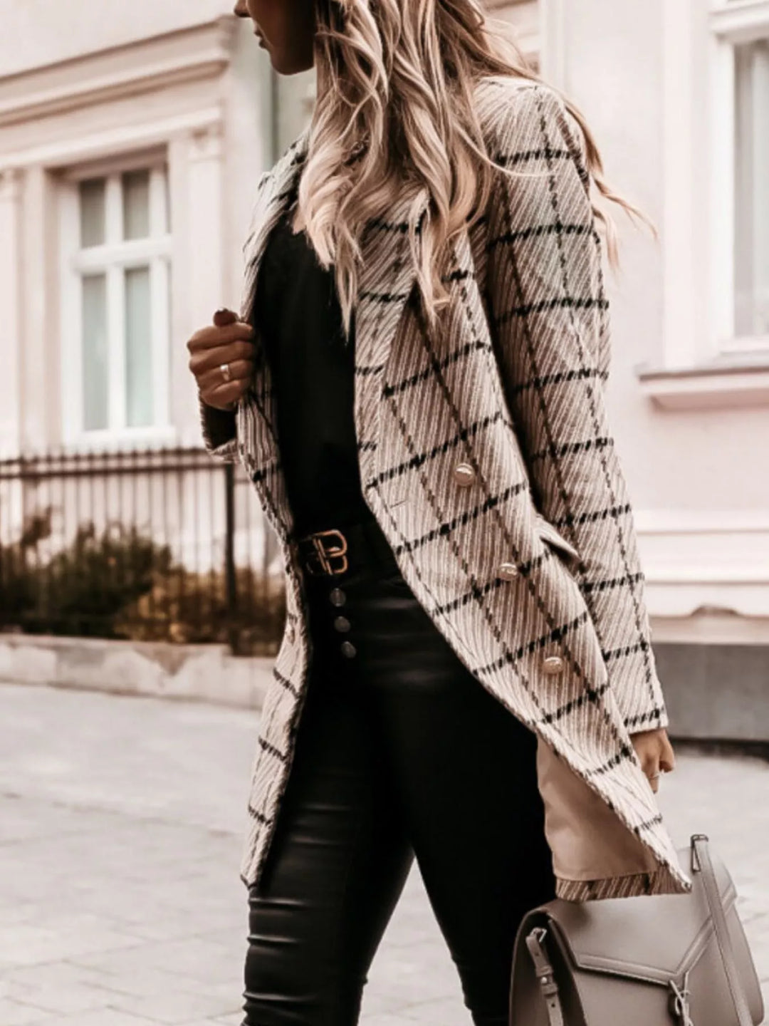 Houndstooth tweed double-breasted blazer coat with gold buttons