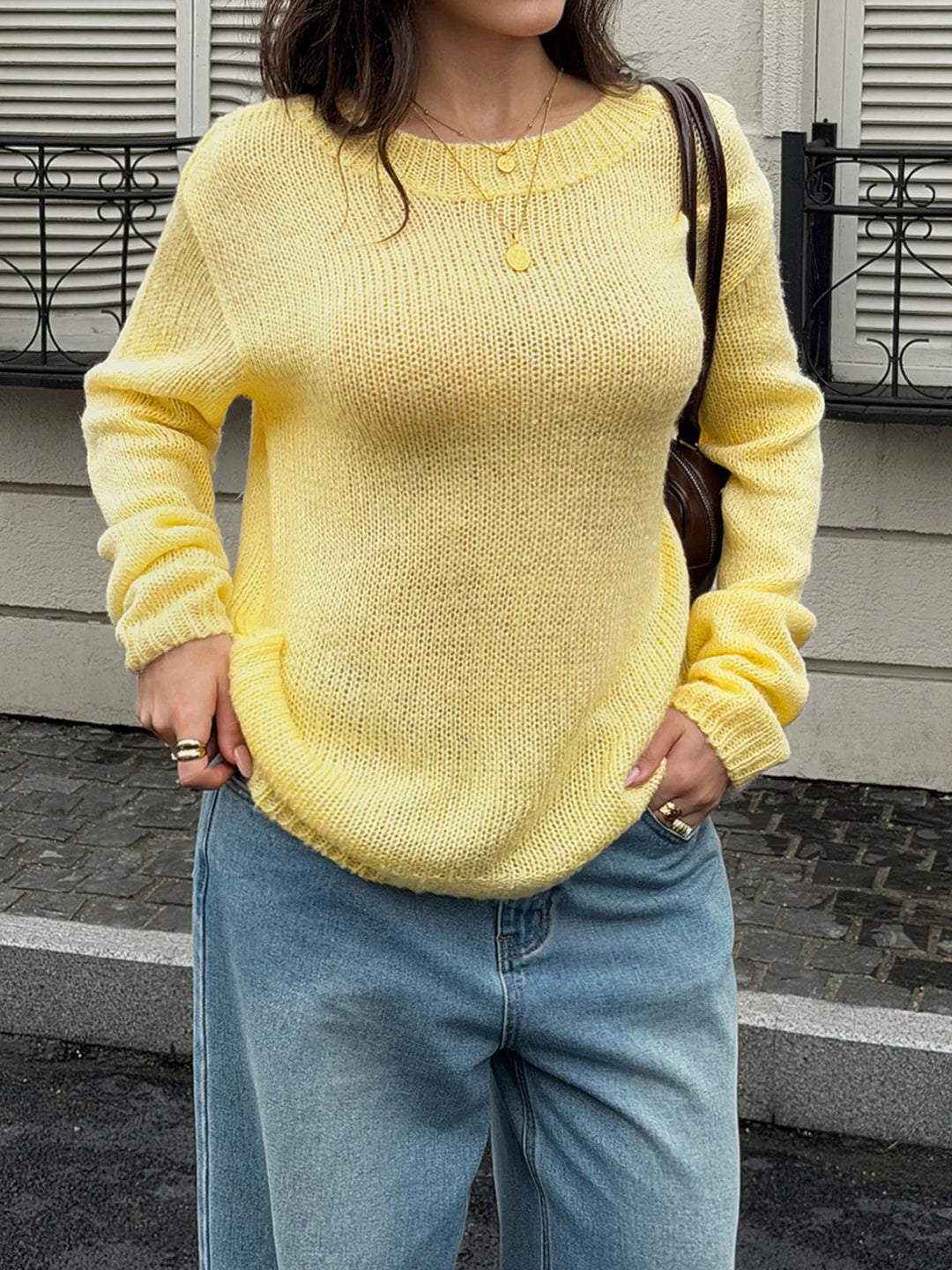 Open knit drop shoulder crew neck pullover sweater