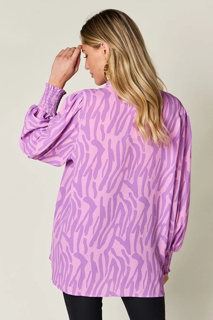 Zebra print smocked-cuff long sleeve blouse