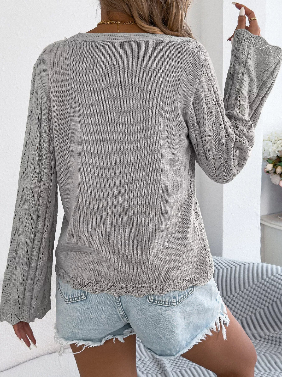 Openwork tie-front knit cardigan with bell sleeves