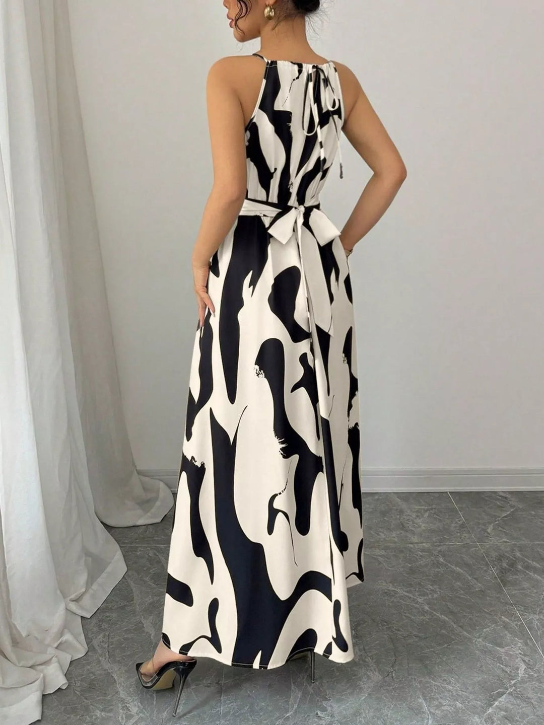 Abstract brushstroke print halter maxi dress with tie waist