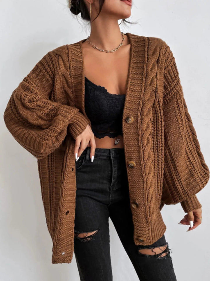 Dark Brown Oversized cable knit button-down cardigan with V-neck