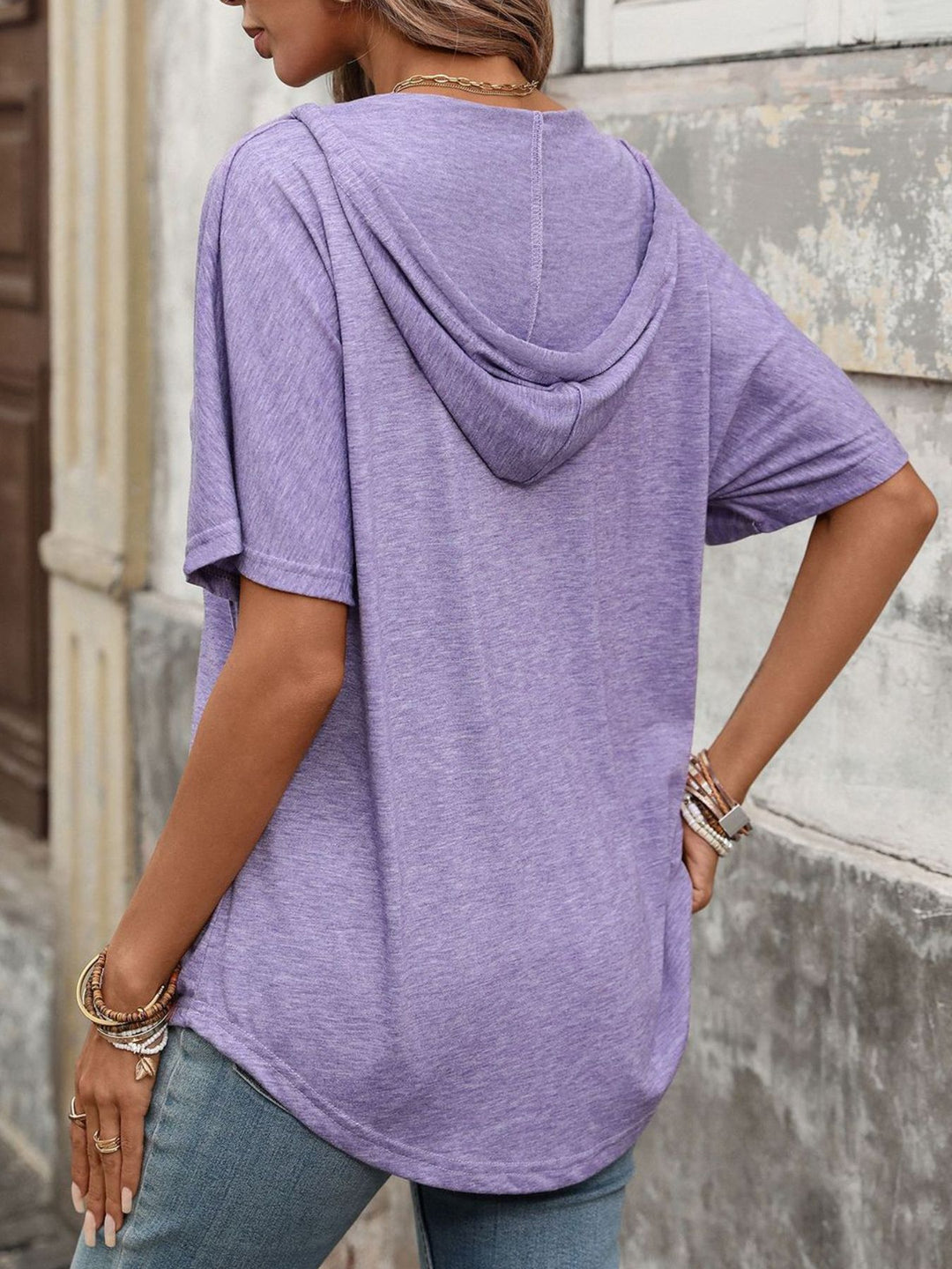 Hooded short sleeve tee with drawstring V-neck