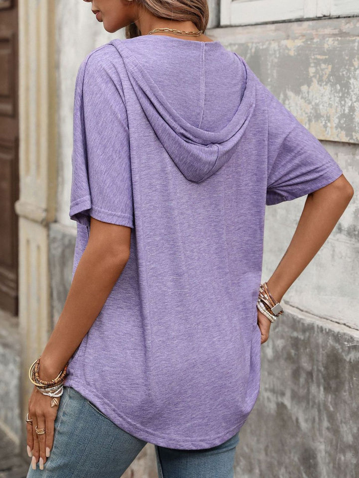 Hooded short sleeve tee with drawstring V-neck