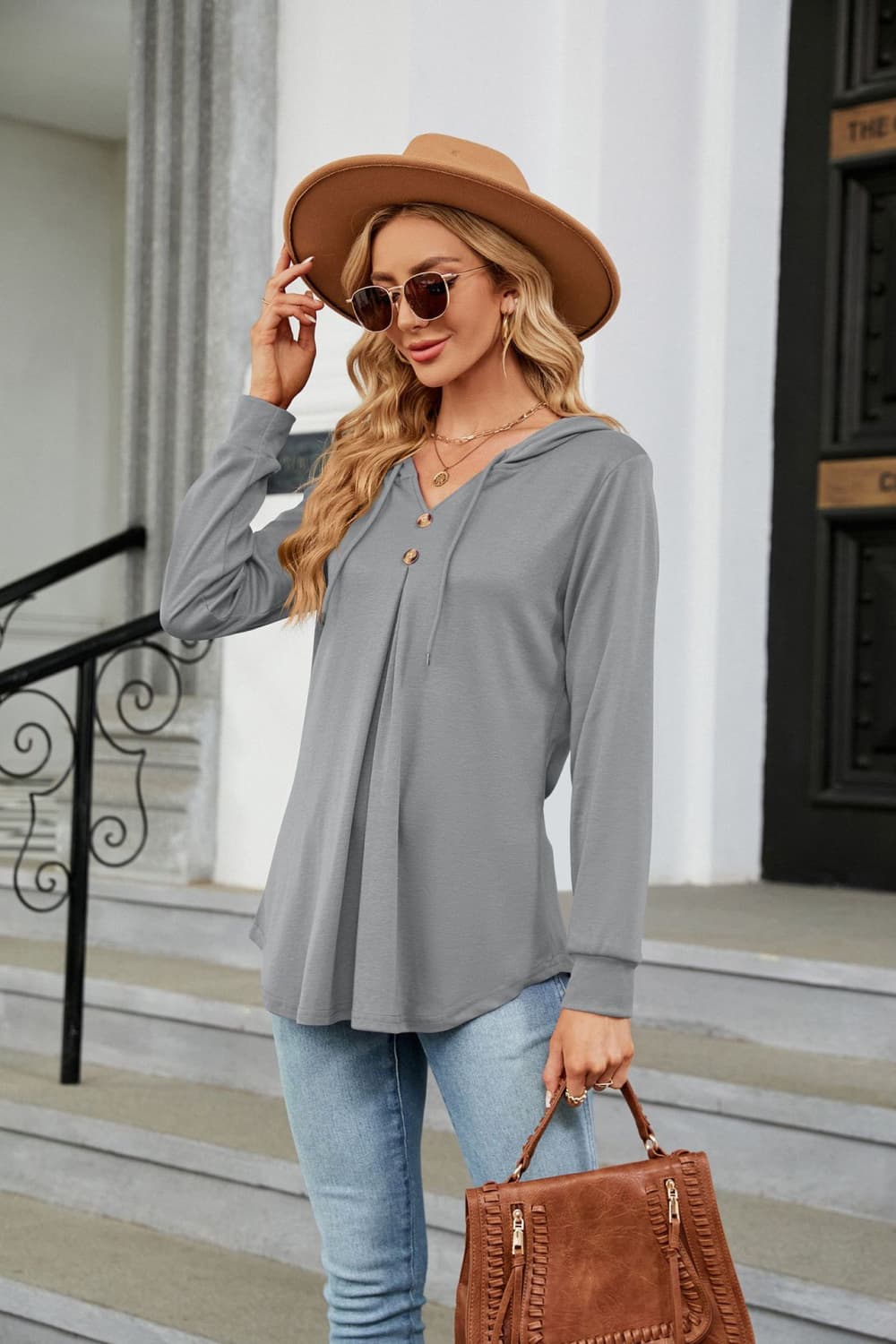 Hooded drawstring tunic blouse with button placket