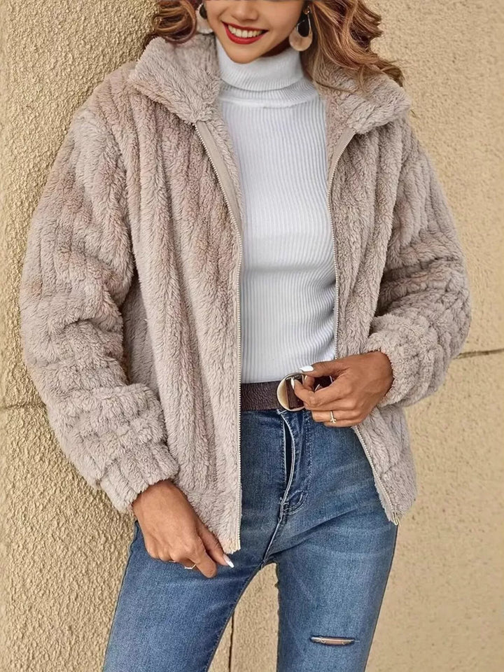 Textured fleece zip-up jacket with fold-over collar