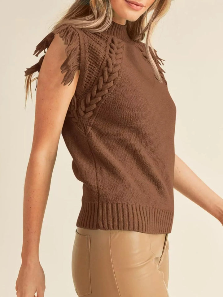 Fringe-trim braided cable knit mock neck sweater top