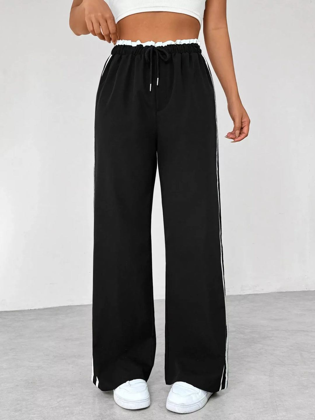 Striped side wide-leg track pants with drawstring waist