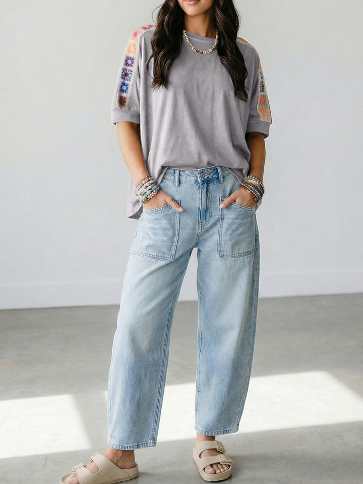 Boxy short-sleeve tee with crochet granny-square trim