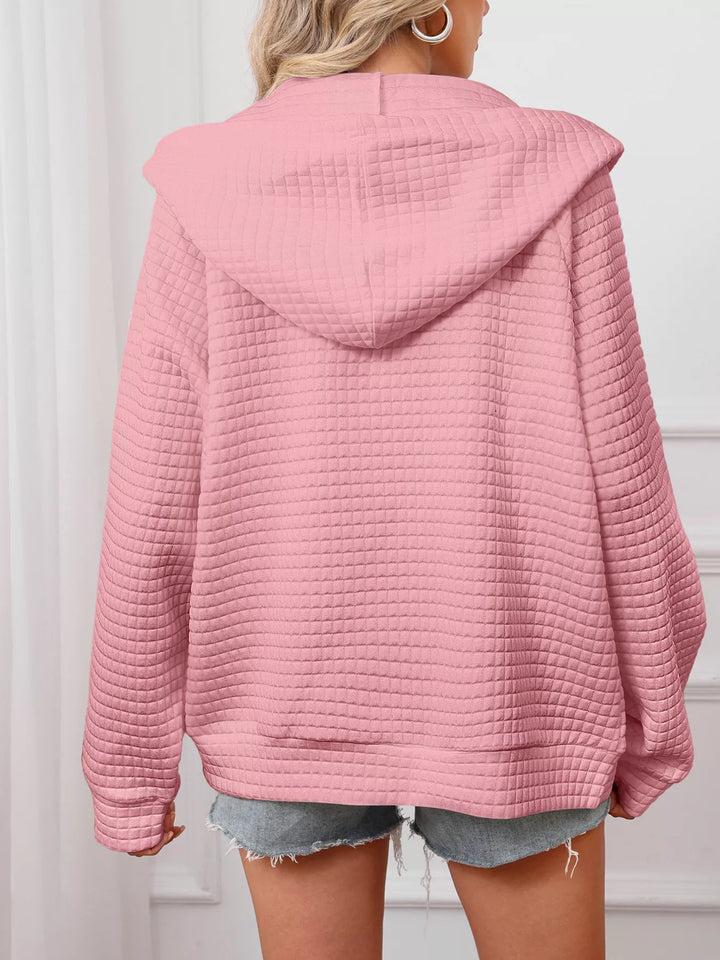 Textured quilted zip-up hooded jacket with pockets