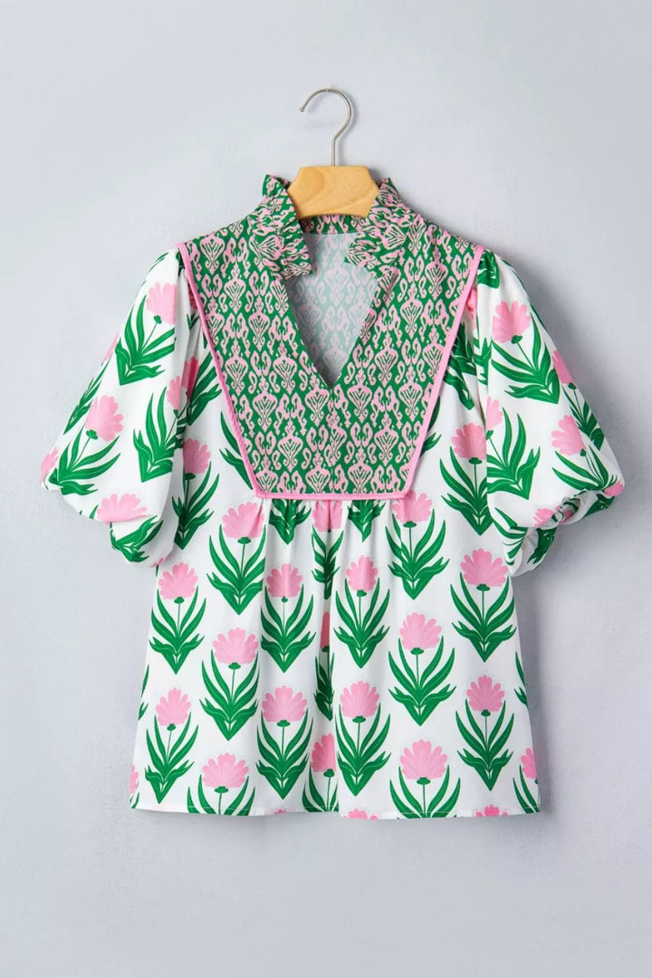 Floral print puff sleeve V-neck blouse with contrast yoke