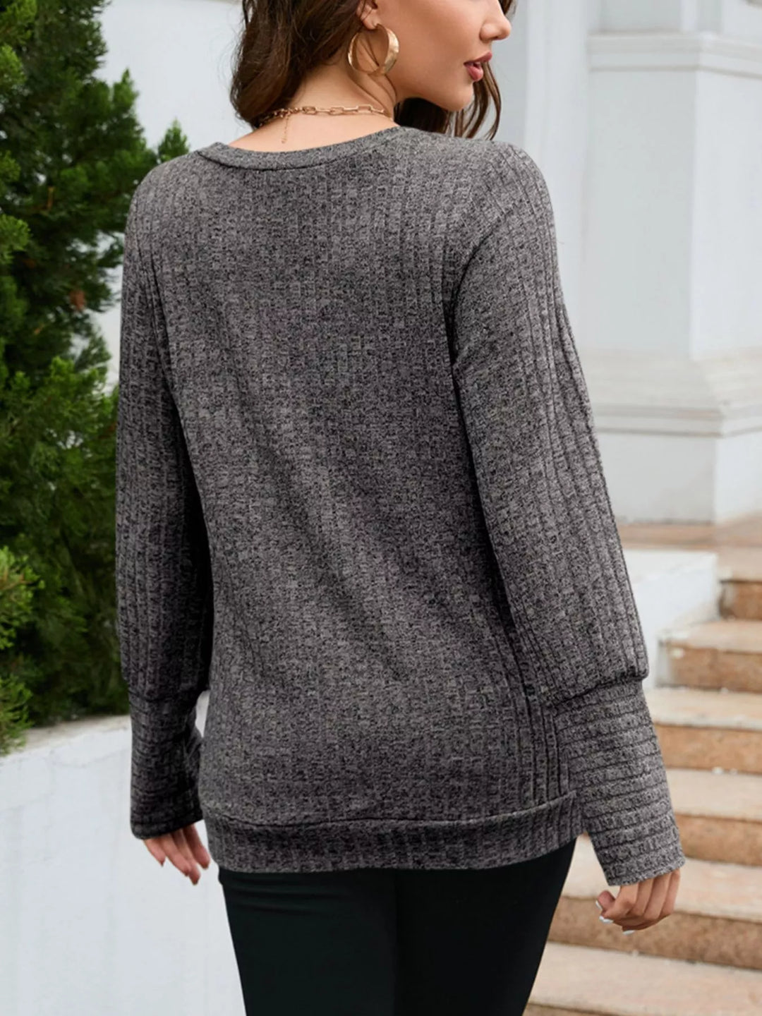 Ribbed knit V-neck long sleeve top with drop shoulders