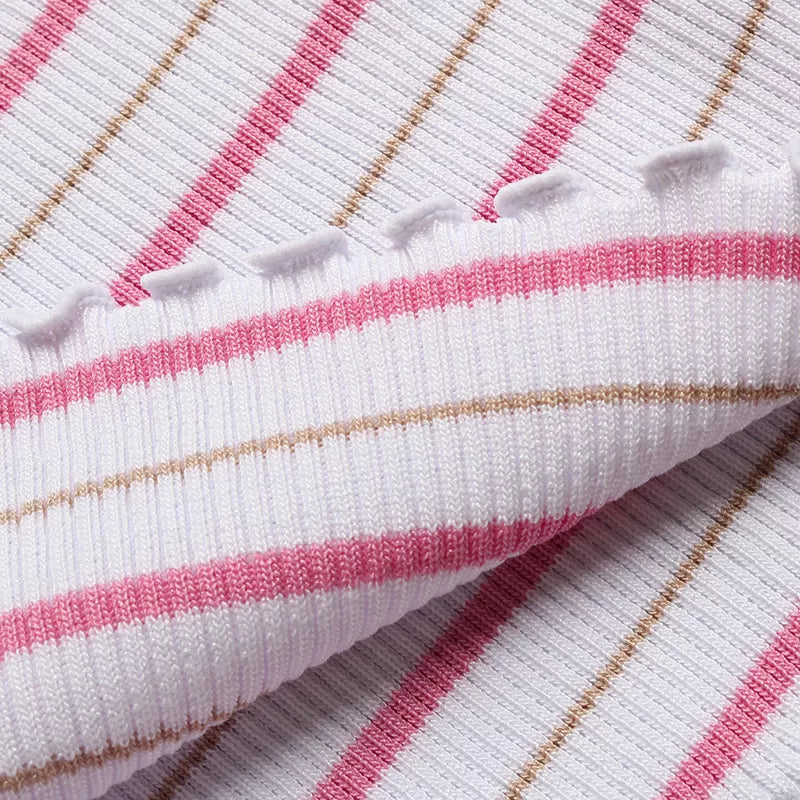 Ribbed striped tube top with lettuce-edge trim