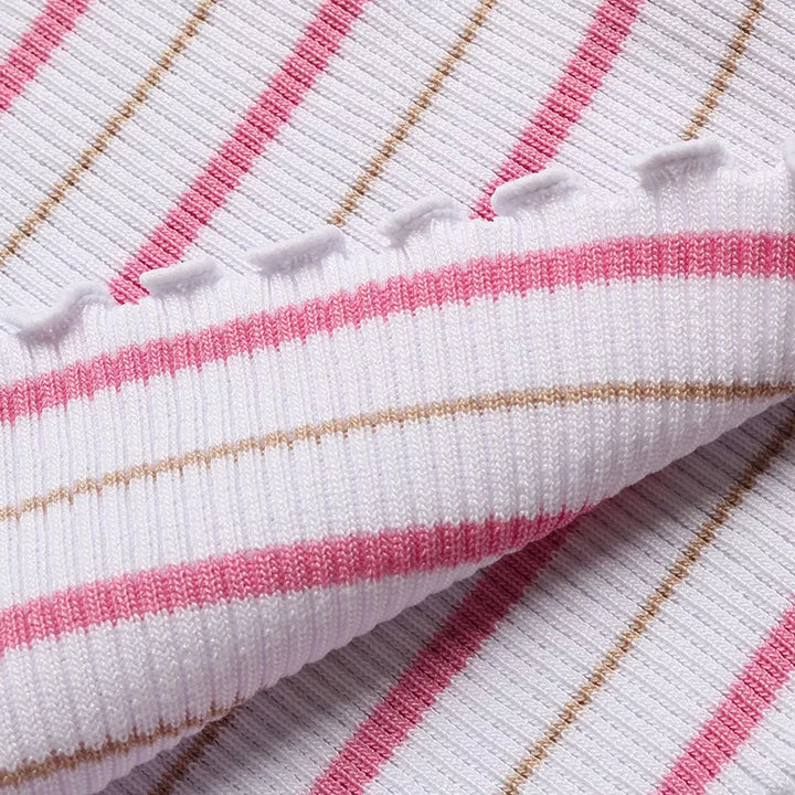 Ribbed striped tube top with lettuce-edge trim
