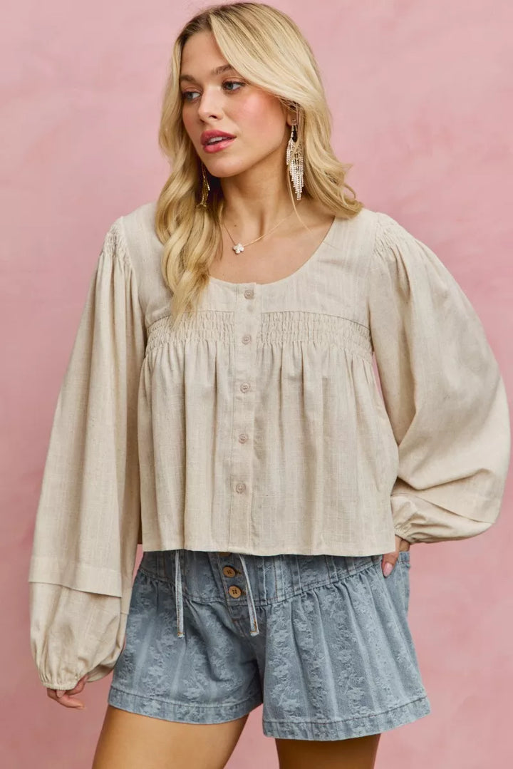 Smocked button-front puff sleeve linen blend top