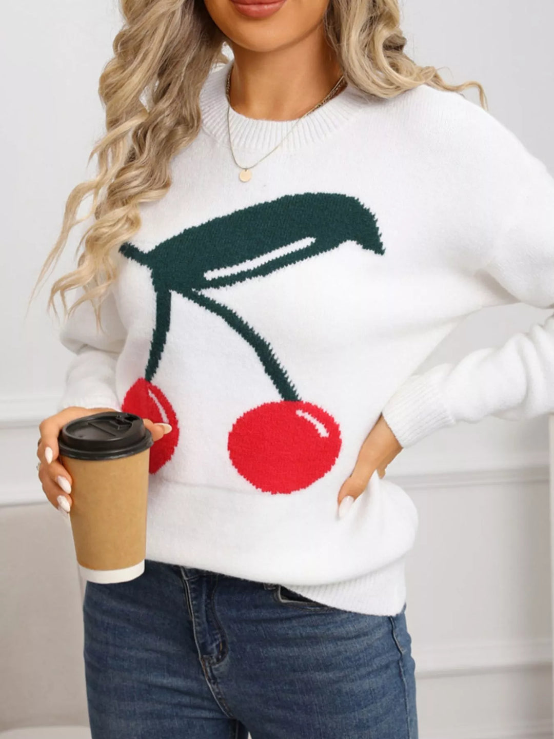Cherry motif crew neck long sleeve knit sweater