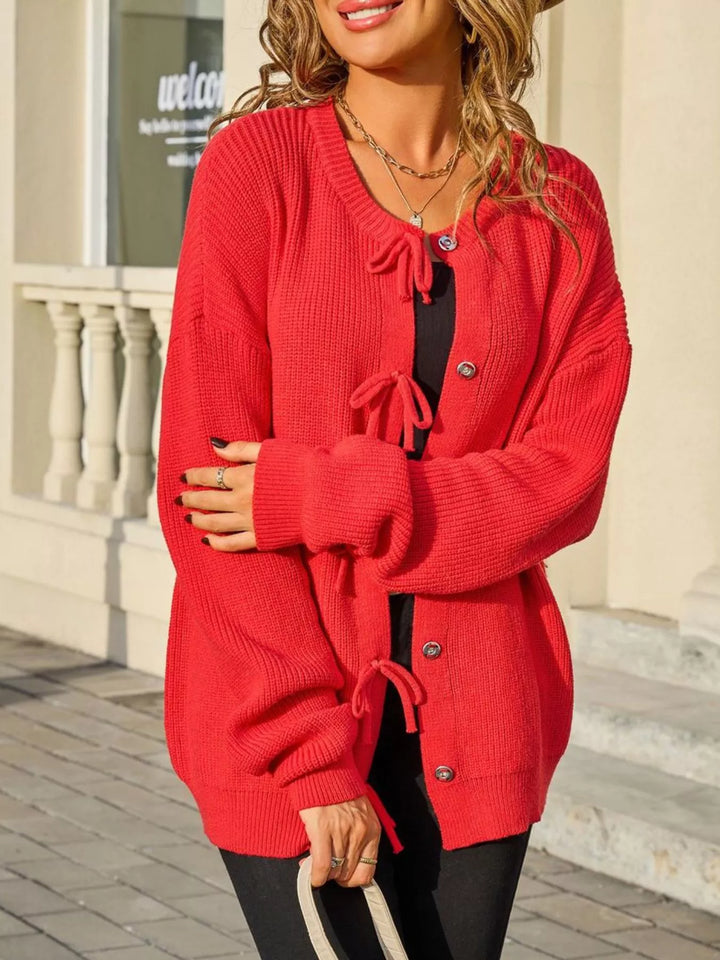 Ribbed knit bow-tie button-front cardigan