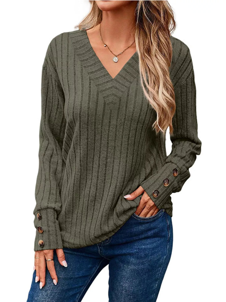 Army Green Ribbed knit V-neck top with buttoned cuffs
