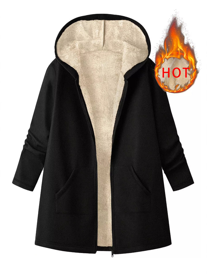 Black Sherpa-lined hooded zip longline jacket with pockets