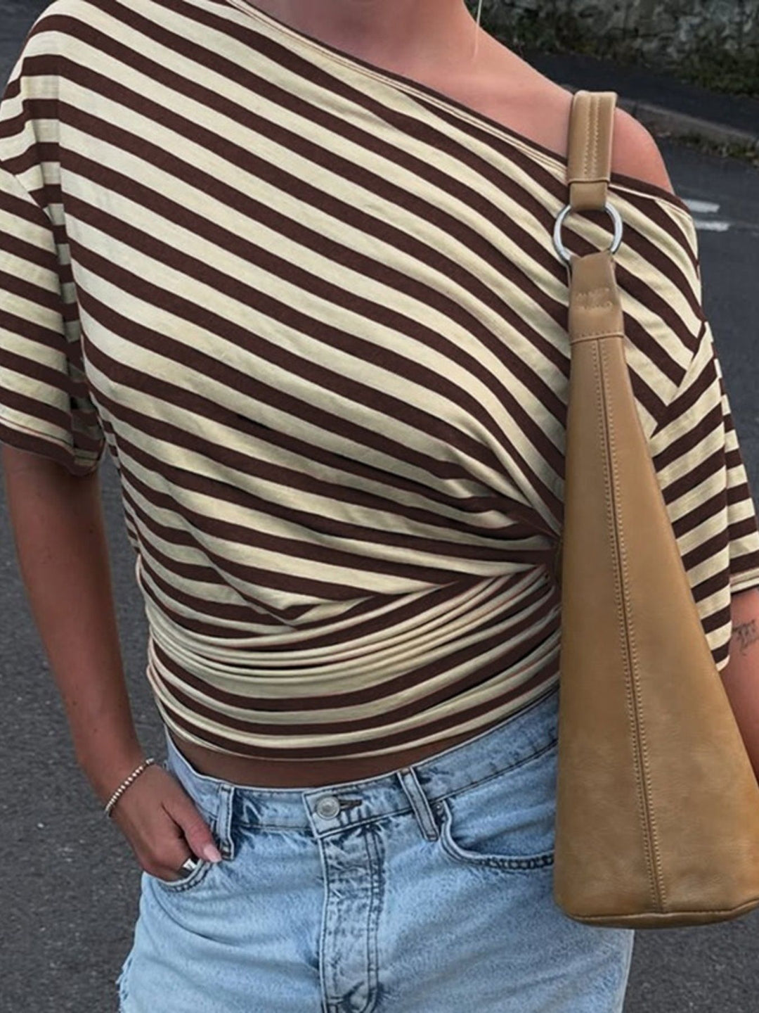 Striped one-shoulder crop top with twist front