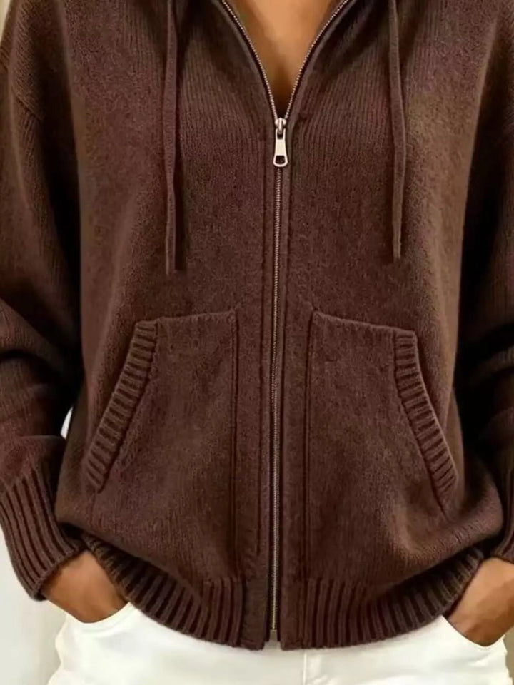 Zip-front hooded knit cardigan with drawstring and pockets