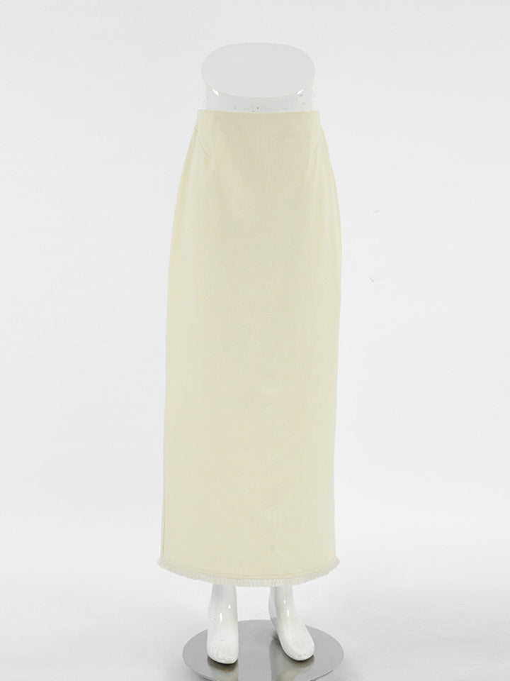 Straight-cut cotton midi skirt with back slit