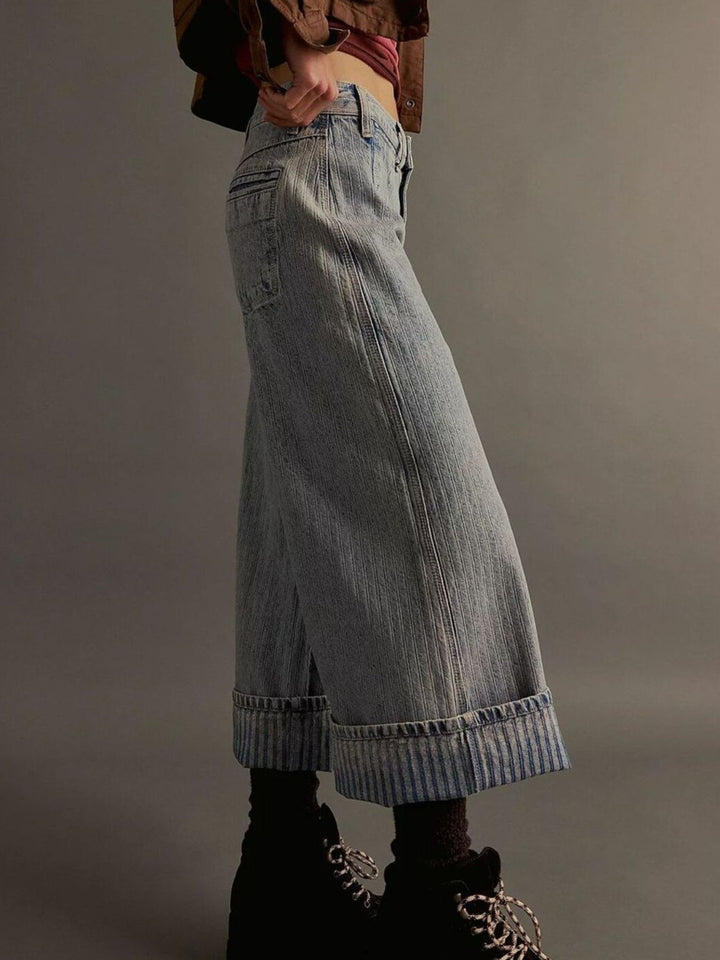 Wide-leg cropped jeans with deep cuffed hem and center seam
