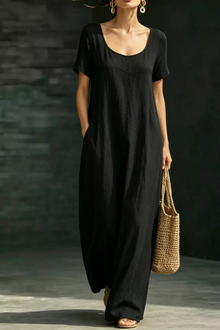 Relaxed scoop neck short sleeve maxi dress with pockets