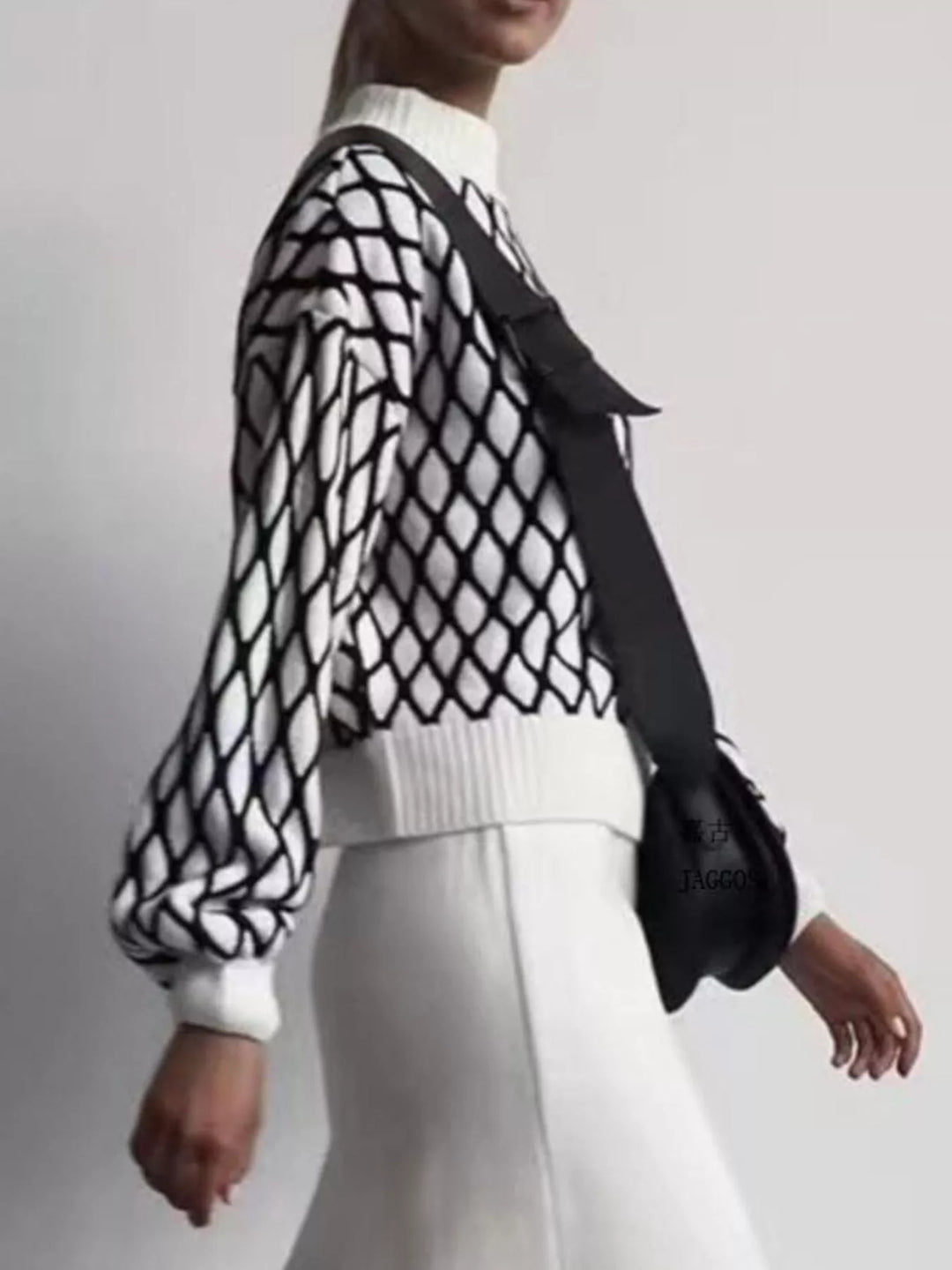 Geometric lattice knit turtleneck sweater