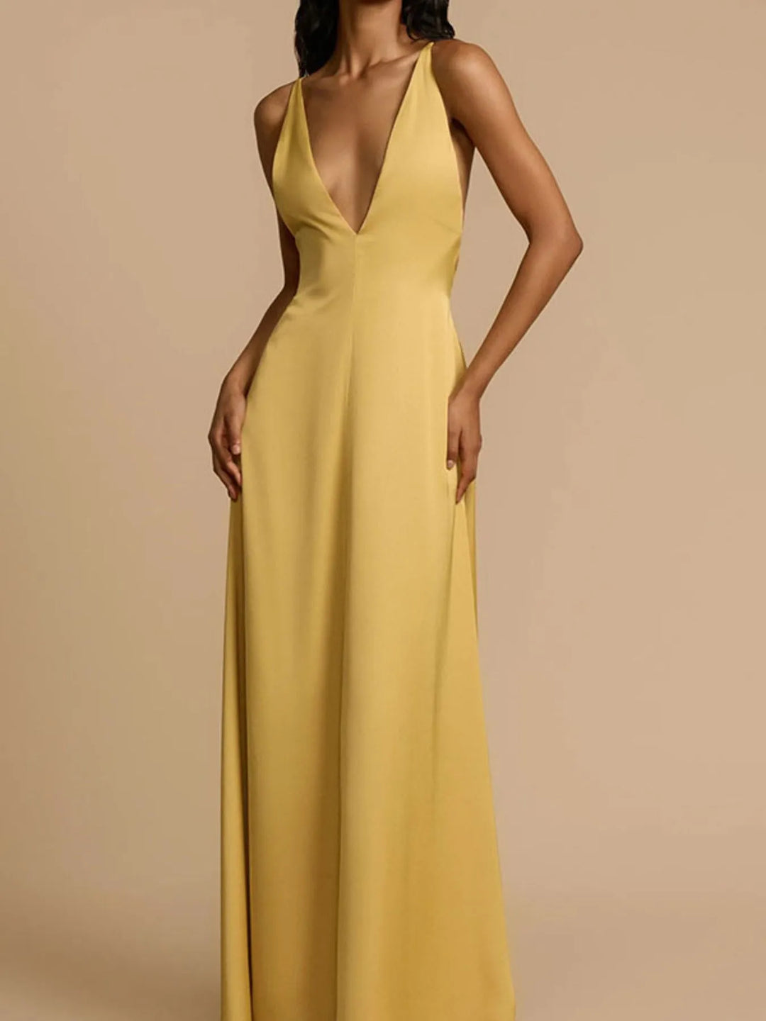 Backless deep V-neck satin maxi dress with crisscross back