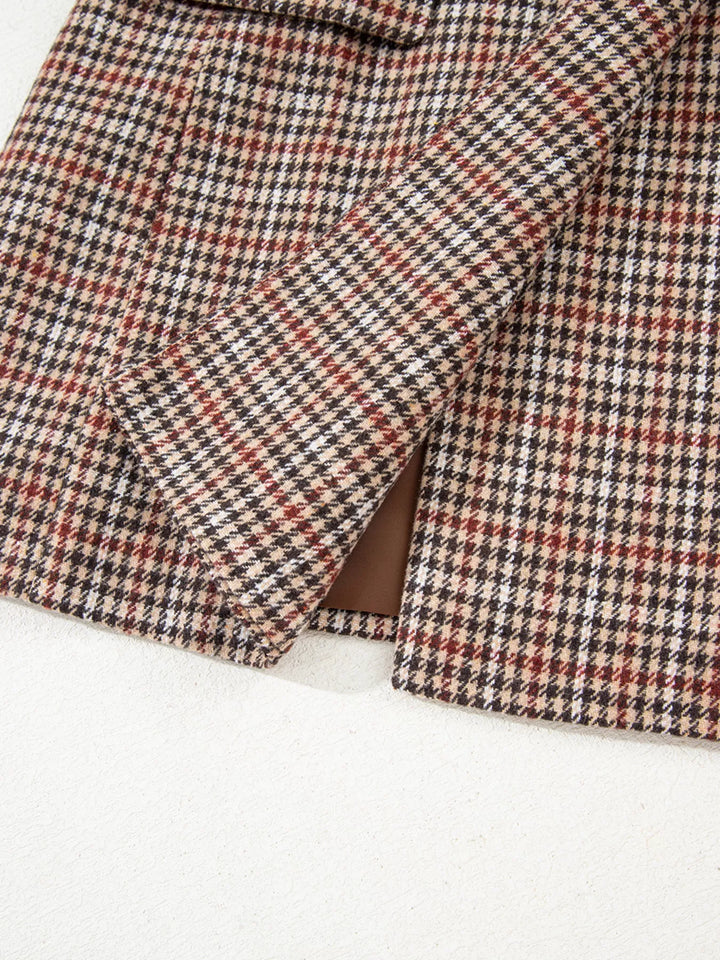 Houndstooth notched lapel longline blazer with buttons