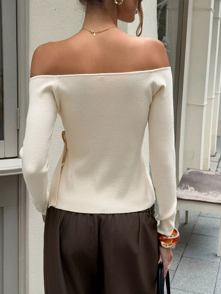 Ruched off-shoulder knit sweater top with gold hardware