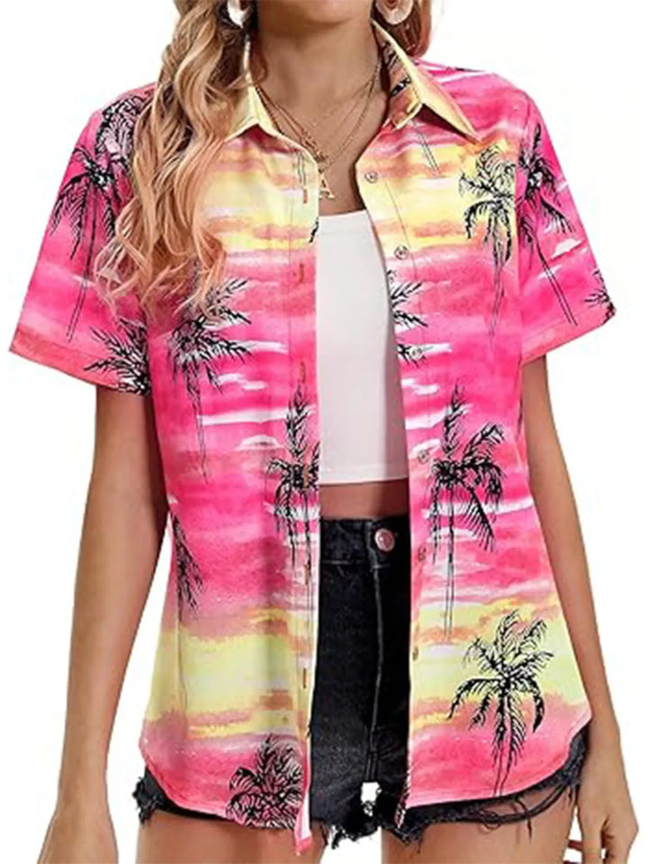 Tropical hibiscus print short sleeve button-up shirt